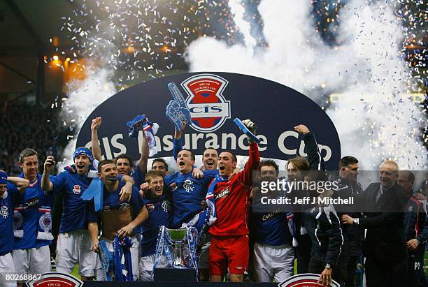 Rangers celebrate after wining the CIS Insurance Cup Final against Dundee at Hampden Park March 16, 2008 in Glasgow, Scotland.