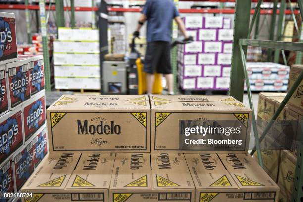 Cases of Constellation Brands Inc. Modelo beer sit on a pallet for delivery at the Euclid Beverage LLC warehouse in Peru, Illinois, U.S., on Tuesday,...