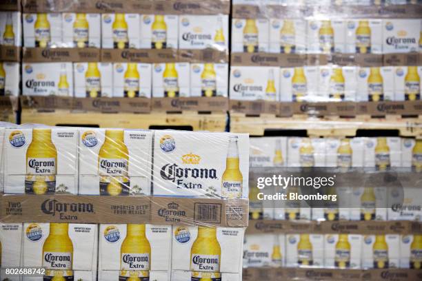 Cases of Constellation Brands Inc. Corona beer sit on a pallet for delivery at the Euclid Beverage LLC warehouse in Peru, Illinois, U.S., on Tuesday,...