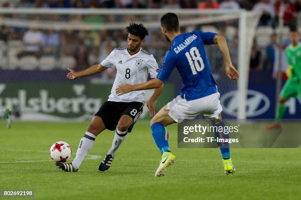 Mahmoud Dahoud of Germany and Federico Chiesa of Italy battle for the ball during the UEFA U21 championship match between Italy and Germany at Krakow...