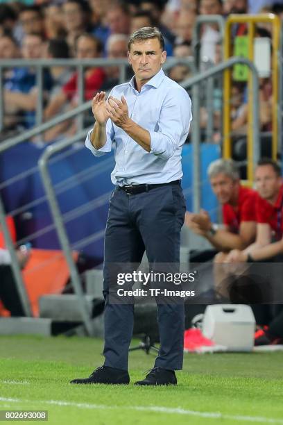 Coach Stefan Kuntz of Germany gestures during the UEFA U21 championship match between Italy and Germany at Krakow Stadium on June 24, 2017 in Krakow,...