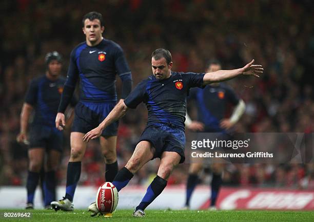 Jean-Baptiste Elisalde of France kicks at goal during the RBS Six Nations Championship match between Wales and France at the Millennium Stadium on...