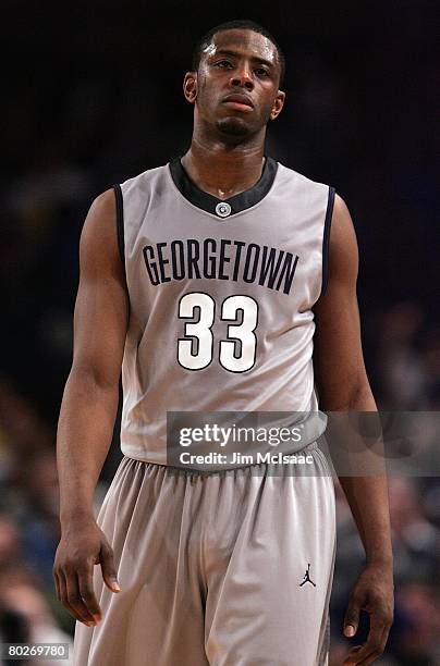 Patrick Ewing Jr. #33 of the Georgetown Hoyas looks on against the Villanova Wildcats during day two of the 2008 Big East Men's Basketball...