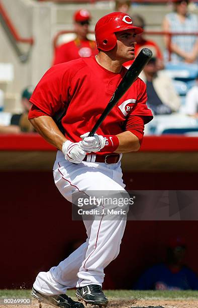 Infielder Joey Votto of the Cincinnati Reds fouls off a pitch against the Philadelphia Phillies during the Grapefruit League Spring Training game on...