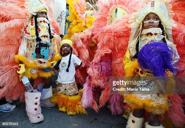 Young Mardi Gras Indians participate in the annual Super Sunday second line parade March 16, 2008 in New Orleans, Louisiana. Mardi Gras Indians are...