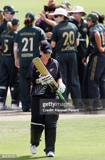 Katey Martin of New Zealand walks off after being bowled by Emma Sampson of Australia during the fourth Rose Bowl Series One Day International match...