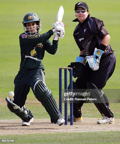 Lisa Sthalekar of Australia pulls the ball away for four runs during the fourth Rose Bowl Series One Day International match between the New Zealand...
