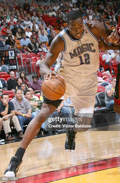 Dwight Howard of the Orlando Magic drives against the Miami Heat on March 14, 2008 at the American Airlines Arena in Miami, Florida. NOTE TO USER:...