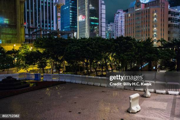 Water barricades are seen near the Hong Kong Convention and Exhibition Centre ahead of Chinese President Xi Jinping's arrival in Hong Kong on June...