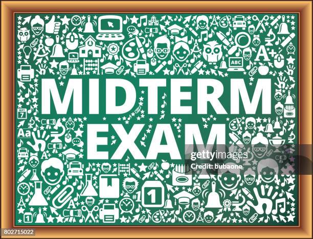 midterm exam school and education vector icons on chalkboard - elementary student on computer stock illustrations