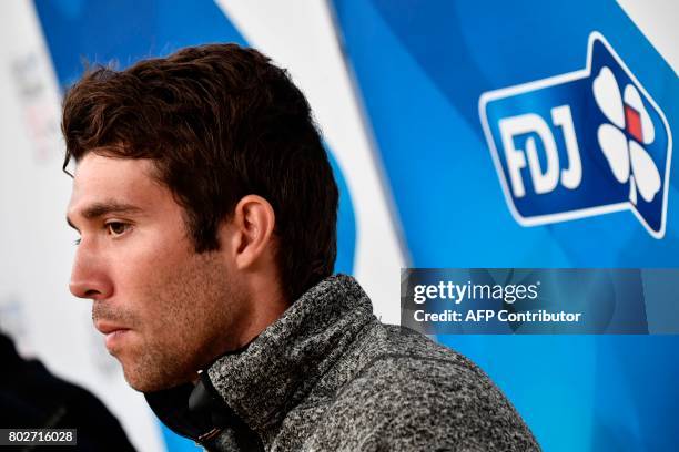 France's Thibaut Pinot takes part in a press conference of the FDJ cycling team at the Congress center in Dusseldorf, Germany, on June 28 three days...