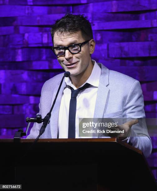 Radio Personality iHearts Bobby Bones speaks about Coran Capshaw during City of Hope Music, Film & Entertainment Industry Kickoff Breakfast honoring...