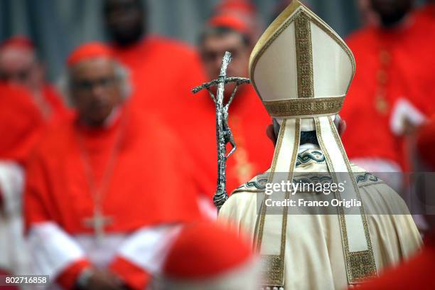 Pope Francis surrounded by cardinals leads a consistory at St. Peter's Basilica on June 28, 2017 in Vatican City, Vatican. Pope Francis installed 5...