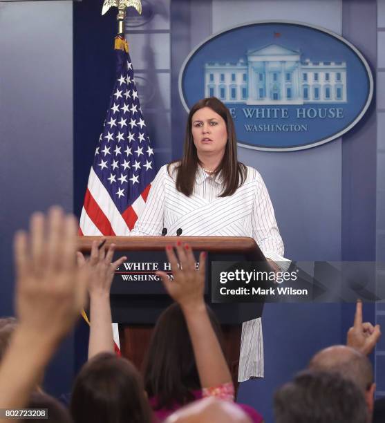 Deputy Press Secretary Sarah Huckabee Sanders speaks during a daily briefing at the James Brady Press Briefing Room of the White House on June 28,...