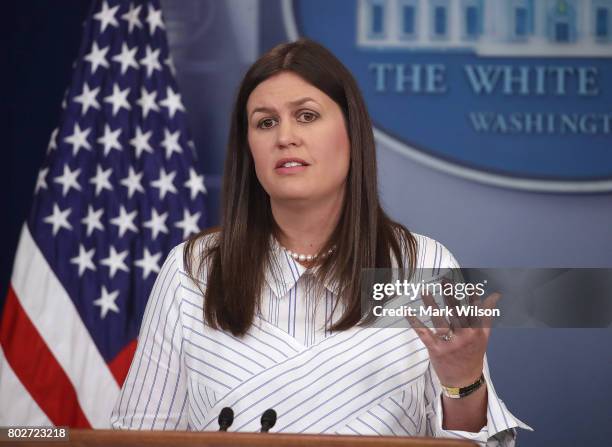 Deputy Press Secretary Sarah Huckabee Sanders speaks during a daily briefing at the James Brady Press Briefing Room of the White House on June 28,...