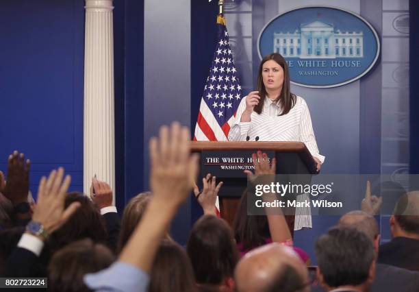 Deputy Press Secretary Sarah Huckabee Sanders speaks during a daily briefing at the James Brady Press Briefing Room of the White House on June 28,...