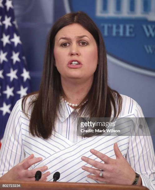 Deputy Press Secretary Sarah Huckabee Sanders speaks during a daily briefing at the James Brady Press Briefing Room of the White House on June 28,...