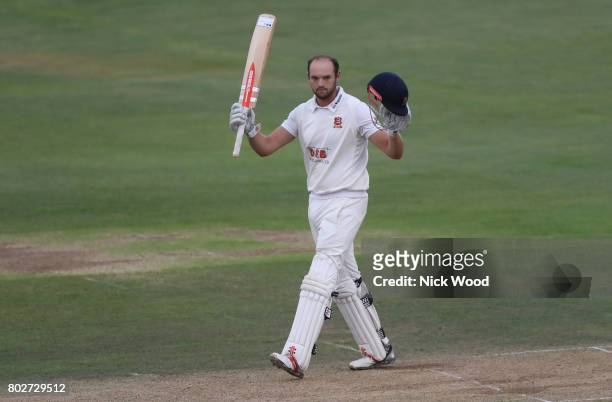 Nick Browne of Essex celebrates scoring a double century of runs during the Essex v Middlesex - Specsavers County Championship: Division One cricket...