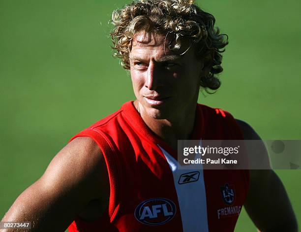 Shaun McManus of the Dockers looks on during a Fremantle Dockers AFL training session at Fremantle Oval on March 17, 2008 in Perth, Australia.
