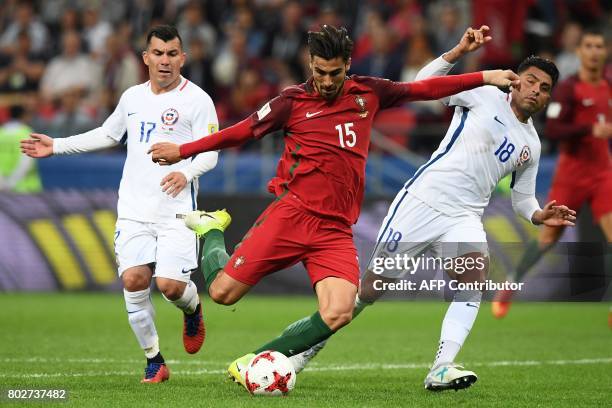 Chile's defender Jean Beausejour fights for the ball against Chile's defender Gary Medel and Chile's defender Gonzalo Jara during the 2017...