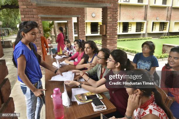 The volunteers helping the new students and parents in the admission process for the new academic session 2017-18, at Miranda House in North Campus...