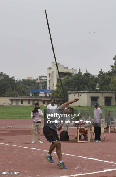 Students giving trial in javelin throw in the sports quota to get the admission for the new academic session 2017-18, at Miranda House in North...