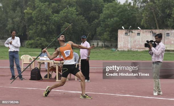 Students giving trial in javelin throw in the sports quota to get the admission for the new academic session 2017-18, at Miranda House in North...