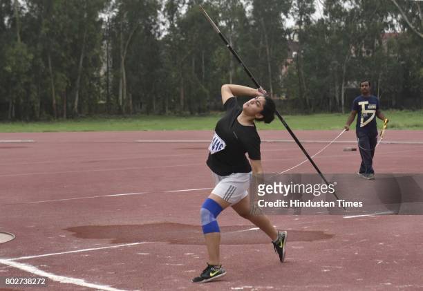 Students giving trial in javelin throw in the sports quota to get the admission for the new academic session 2017-18, at Miranda House in North...