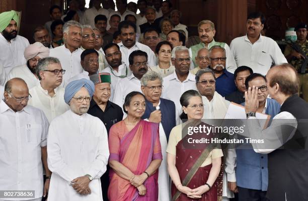 New Delhi , India Opposition Presidential candidate Meira Kumar along with Congress Chief Sonia Gandhi, former Prime Minister Manmohan Singh and...