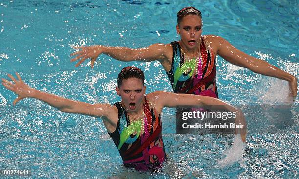 Jenna Randall and Olivia Allison of Great Britain in action during the Duet Free Routine Final during day five of the 29th LEN European Championships...