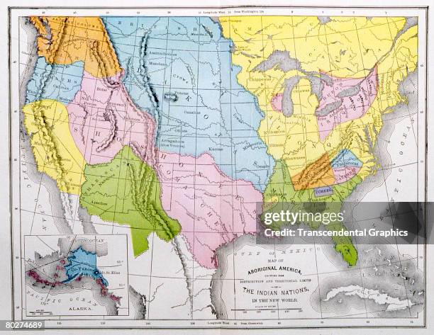 Map of North America which shows the territorial distribution of various Native American nations, Dakota, Algonquin, and Shoshone the largest among...
