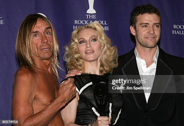 Musicians Iggy Pop, Madonna and Justin Timberlake pose in the press room during the 23rd Annual Rock and Roll Hall of Fame Induction Ceremony at the...