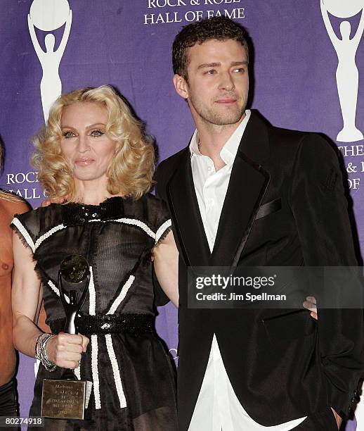 Inductee Madonna and musician Justin Timberlake poses in the press room during the 23rd Annual Rock and Roll Hall of Fame Induction Ceremony at the...