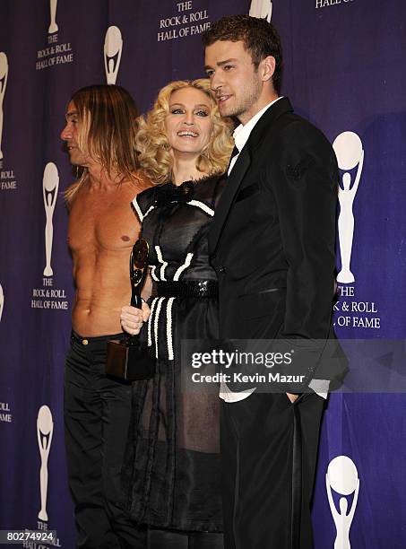 Musician Iggy Pop, Musician Madonna and Musician Justin Timberlake pose in the press room at the 23rd Annual Rock and Roll Hall of Fame Induction...