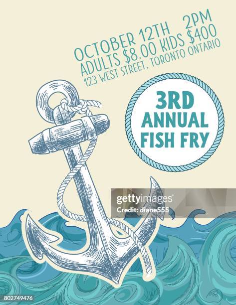 hand drawn fish dinner fundraiser with nautical elements - seafood stock illustrations