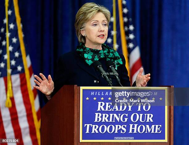 Democratic presidential hopeful Sen. Hillary Clinton delivers a speech on Iraq at George Washington University, March 17, 2008 in Washington, DC....