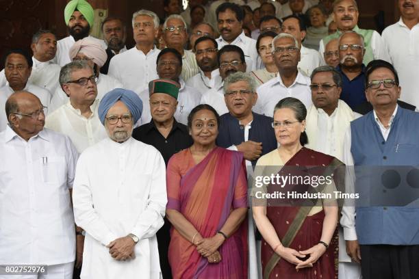 Opposition party Presidential candidate Meira Kumar with Sonia Gandhi and other leaders at Parliament for filing her nomination on June 28, 2017 in...