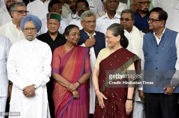 Opposition party Presidential candidate Meira Kumar with Sonia Gandhi and other leaders at Parliament for filing her nomination on June 28, 2017 in...