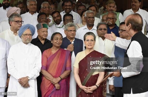 Opposition party Presidential candidate Meira Kumar with Sonia Gandhi and other leaders at Parliament for filing her nomination on June 28, 2017 in...