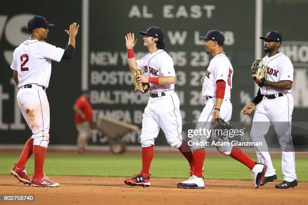 Xander Bogaerts, Mookie Betts, Andrew Benintendi and Jackie Bradley Jr. #19 of the Boston Red Sox react after the victory over the Detroit Tigers at...