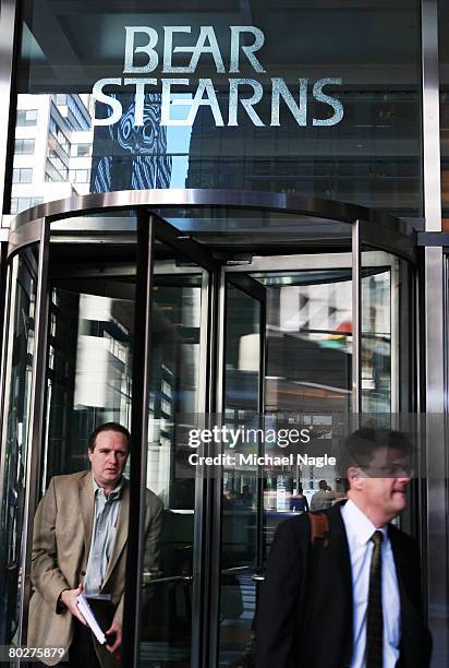 Man exits the offices of global investment bank, securities trading and brokerage firm Bear, Stearns & Co. On Madison Ave on March 17, 2008 in New...