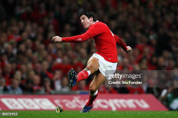 James Hook of Wales attempts a conversion during the RBS Six Nations Championship match between Wales and France at the Millennium Stadium on March...