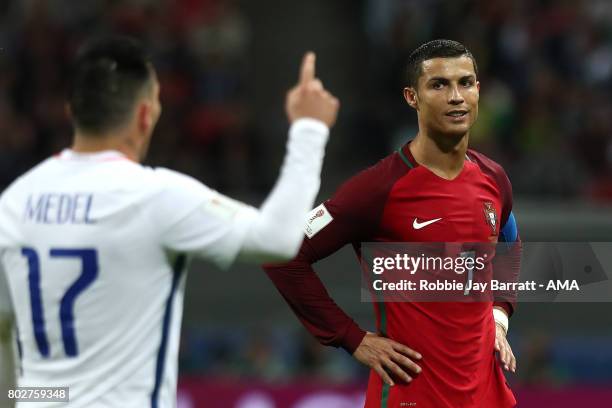 Cristiano Ronaldo of Portugal looks at Gary Medel of Chile during the FIFA Confederations Cup Russia 2017 Semi-Final match between Portugal and Chile...