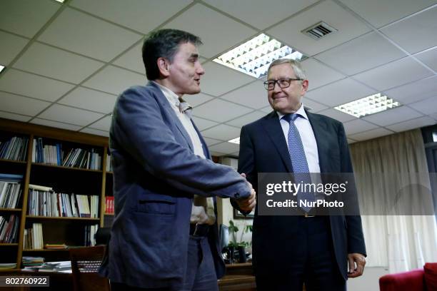 Greek Finance Minister Euclid Tsakalotos meets with Klaus Regling Managing Director of the European Stability Mechanism and CEO of the European...