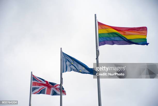The Rainbow flag waves outside the City Hall, with the EU and Union flags, London on June 28, 2017. The flag has been put to celebrate Pride in...