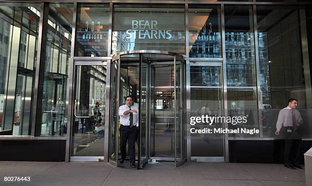 Man exits the offices of global investment bank, securities trading and brokerage firm Bear, Stearns & Co. On Madison Ave on March 17, 2008 in New...