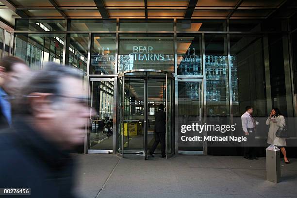 Man enters the offices of global investment bank, securities trading and brokerage firm Bear, Stearns & Co. On Madison Ave on March 17, 2008 in New...