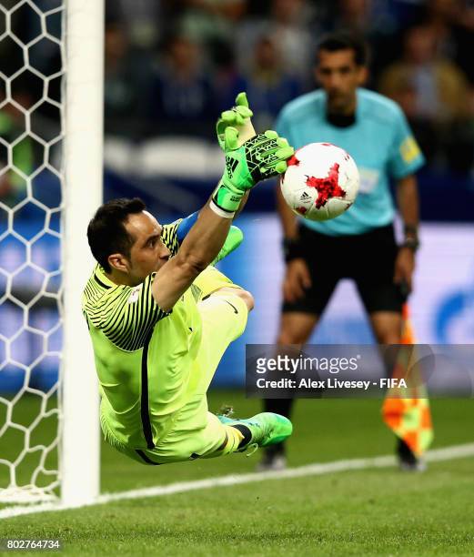 Claudio Bravo of Chile saves Portugal first penalty from Ricardo Quaresma of Portugal during the FIFA Confederations Cup Russia 2017 Semi-Final...