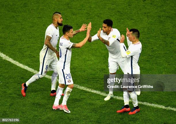 Charles Aranguiz of Chile celebrates scoring his sides second penatly with his Chile team mates during the FIFA Confederations Cup Russia 2017...