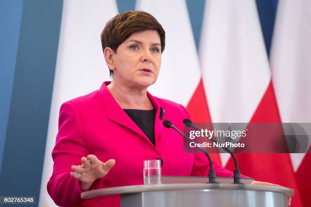 Prime Minister of Poland Beata Szydlo during the press conference about ransomware Petya cyberattack in Poland, at Chancellery of the Prime Minister...